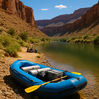 A group of rafters paddling through rapids on a river, surrounded by lush green foliage and rocky banks.
