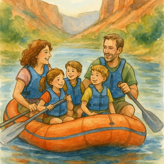 Two people wearing helmets paddling a yellow raft through whitewater rapids surrounded by lush green foliage.